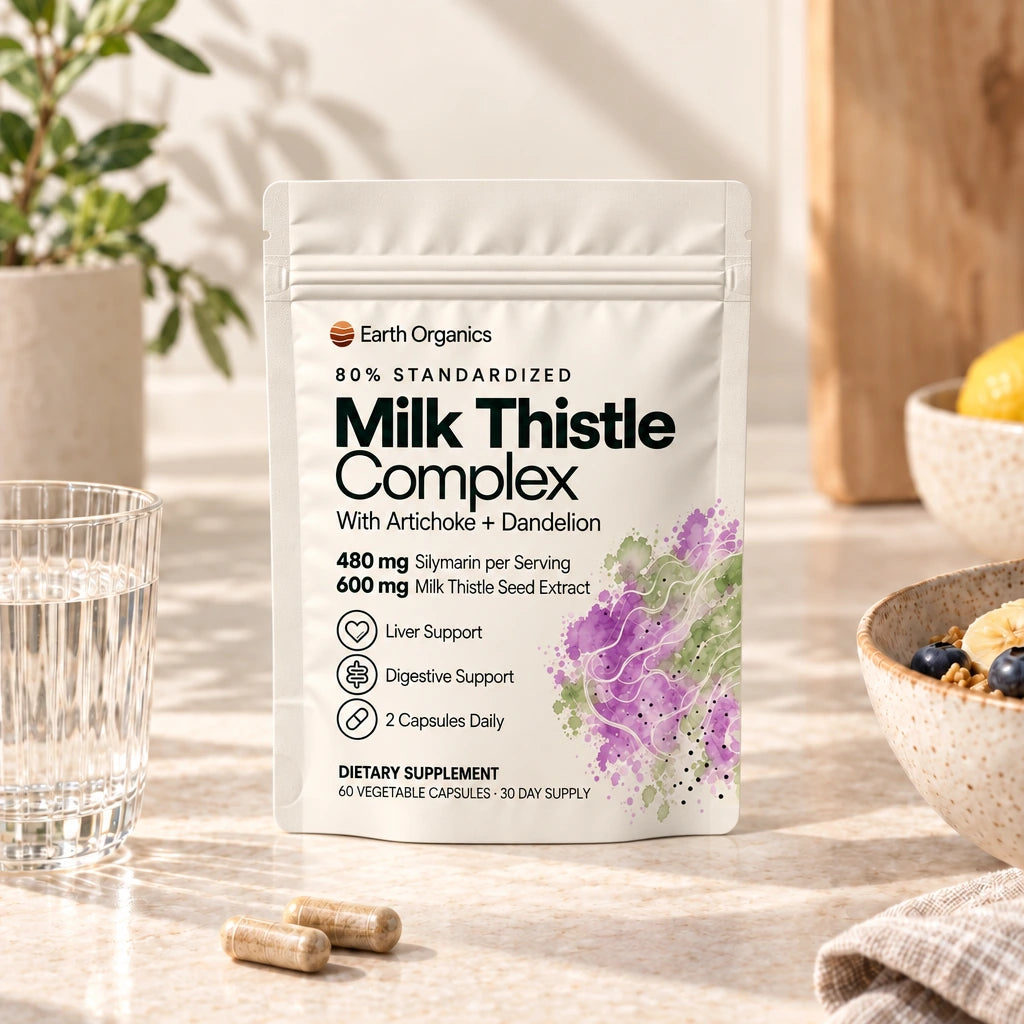 Milk Thistle pouch with water and a two-capsule serving