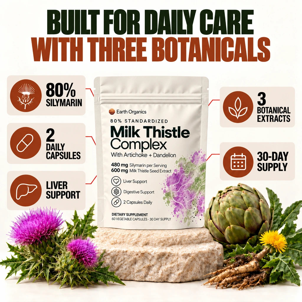 Earth Organics Milk Thistle: 80% silymarin, three botanical extracts, two capsules daily, 30-day supply.