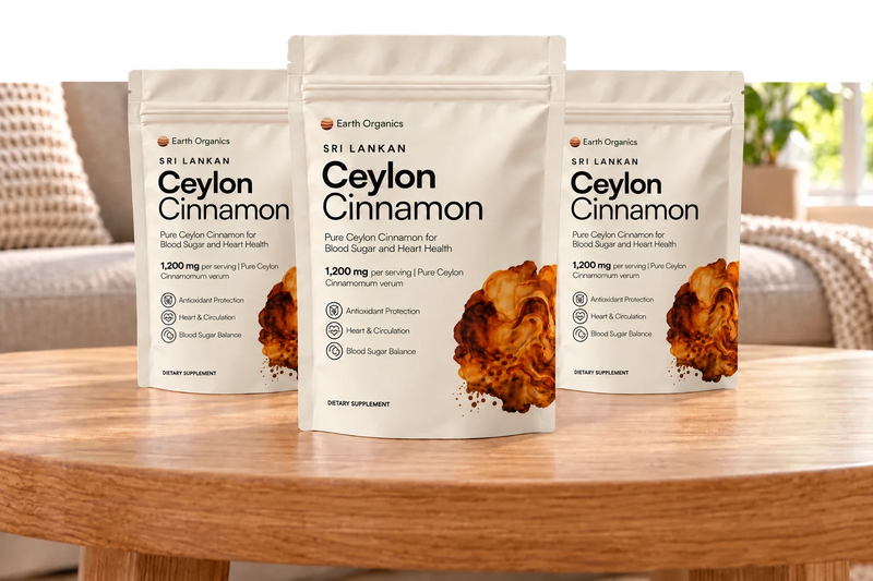Three white Earth Organics Ceylon Cinnamon packs