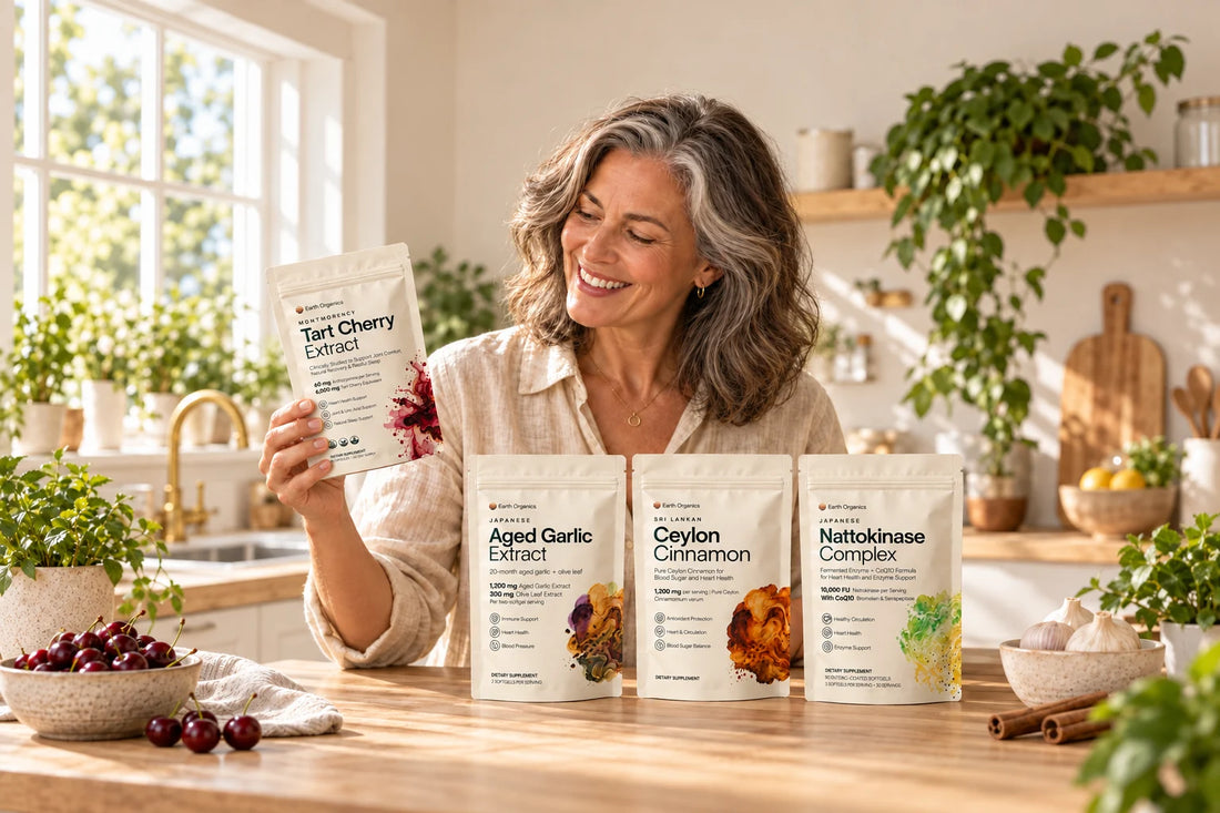 A smiling woman in a sunny kitchen holding a pack of Earth Organics Tart Cherry Extract