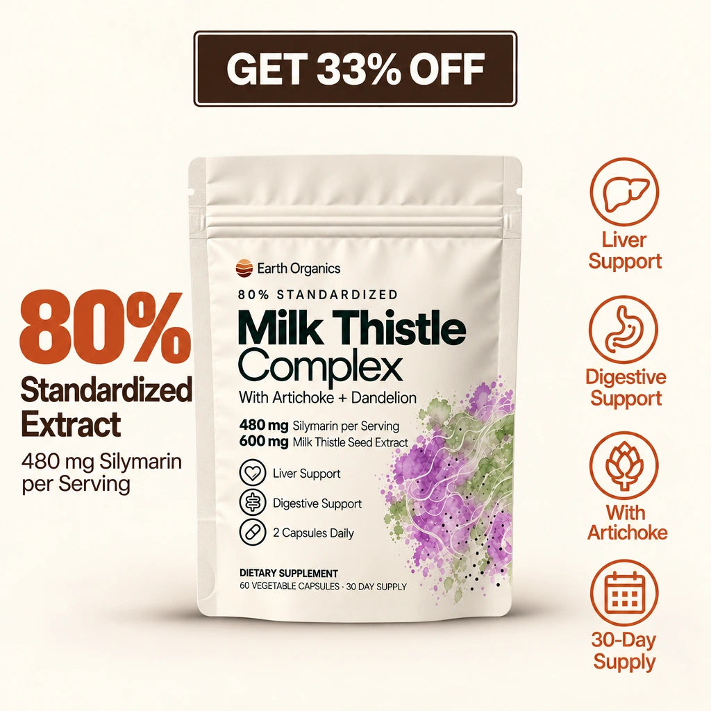 Earth Organics Milk Thistle Complex: 80% standardized extract, 480 mg silymarin per serving and a 90-day guarantee.