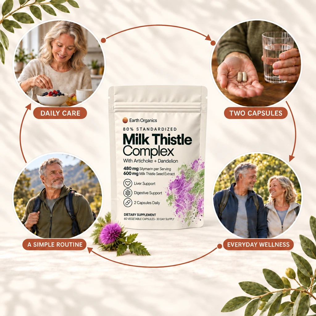 Earth Organics Milk Thistle Complex pouch with four everyday routine scenes and two vegetable capsules.