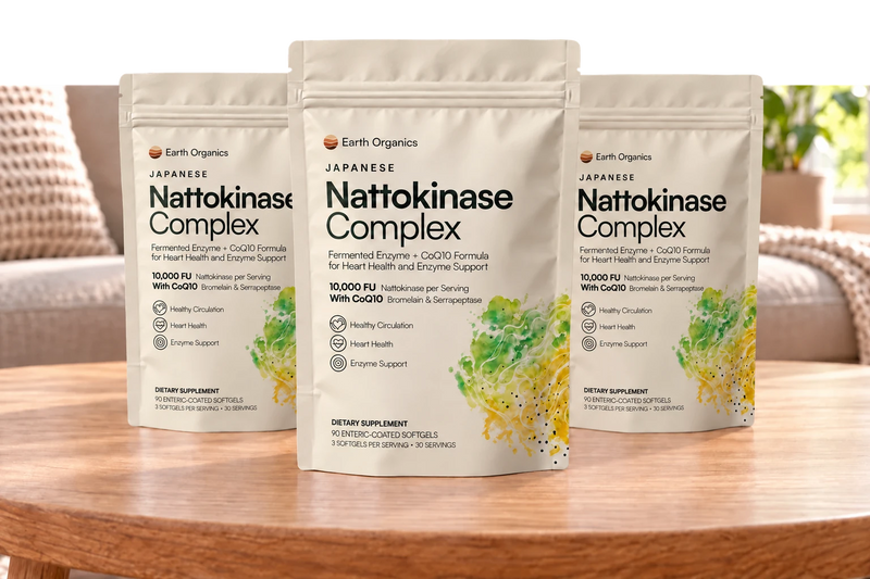 Three white Earth Organics Nattokinase Complex packs
