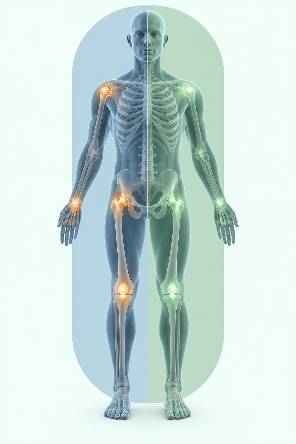 Conceptual body illustration: everyday joint concerns on the blue left side and daily support on the green right side