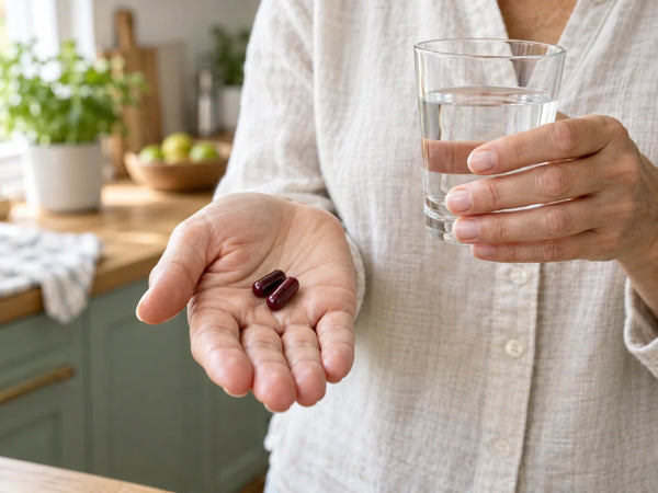 Two burgundy capsules in an open palm