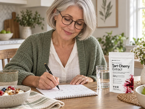 Woman marking a daily calendar beside her small Earth Organics pack